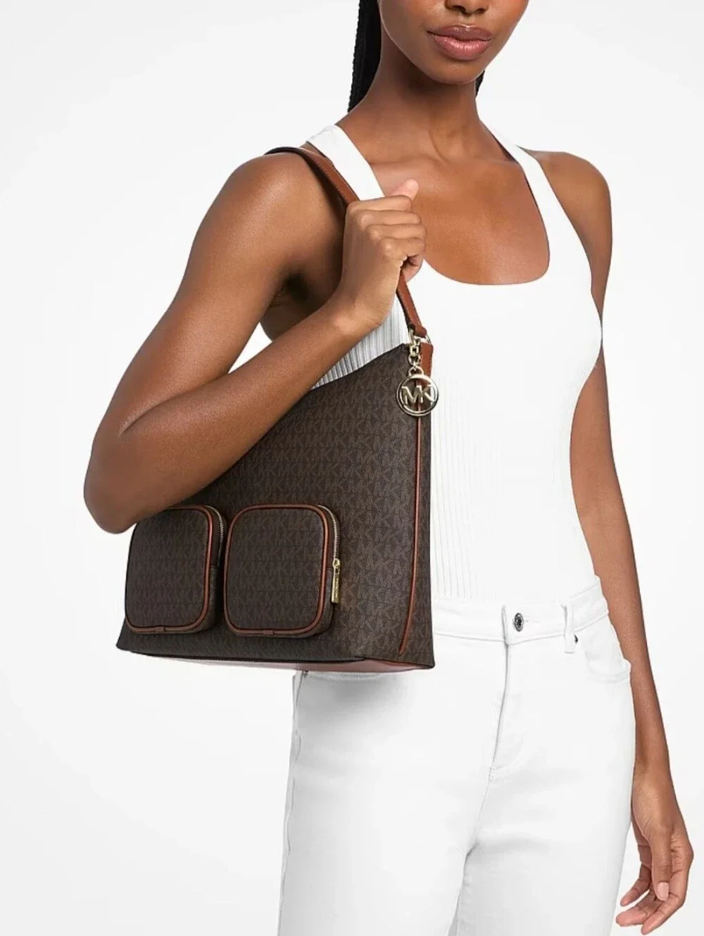 Michael Kors Merritt Large Brown Signature Logo Cargo Shoulder Bag